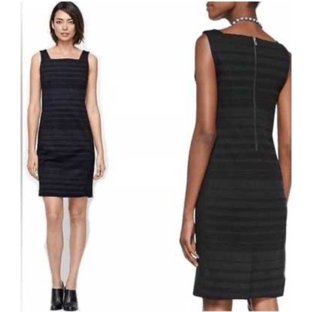 Eileen Fisher Women’s 10 Striped Ponte Knit Sheath Dress Black Square Neck